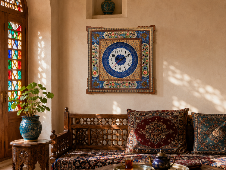 ساعت صفحه ۲۵ میناکاری خاتم کاری گل و مرغ برجسته درجه۱