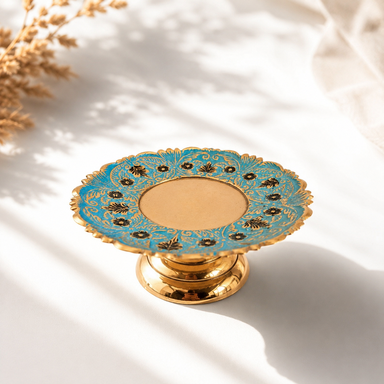 شیرینی خوری برنجی میناکاری پایه دار(آبی)