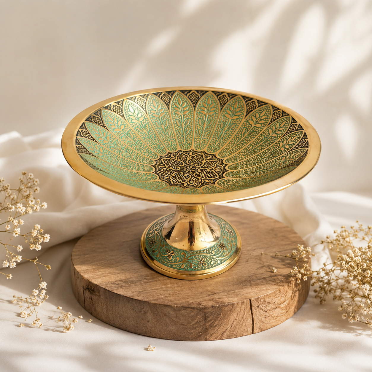 شیرینی خوری برنجی پایه دار مدل گل لوتوس(گل سبز)