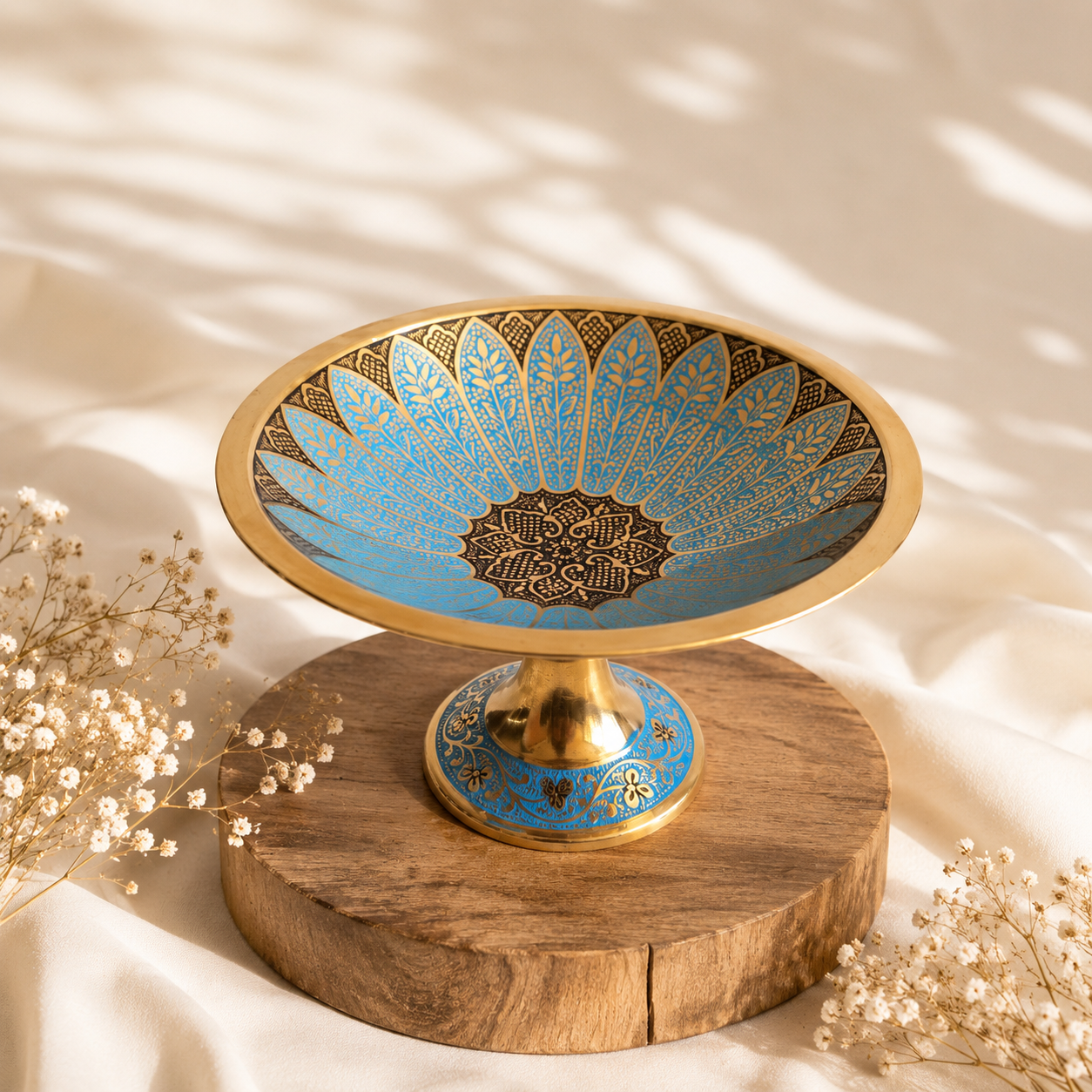 شیرینی خوری برنجی پایه دار مدل گل لوتوس(گل آبی)
