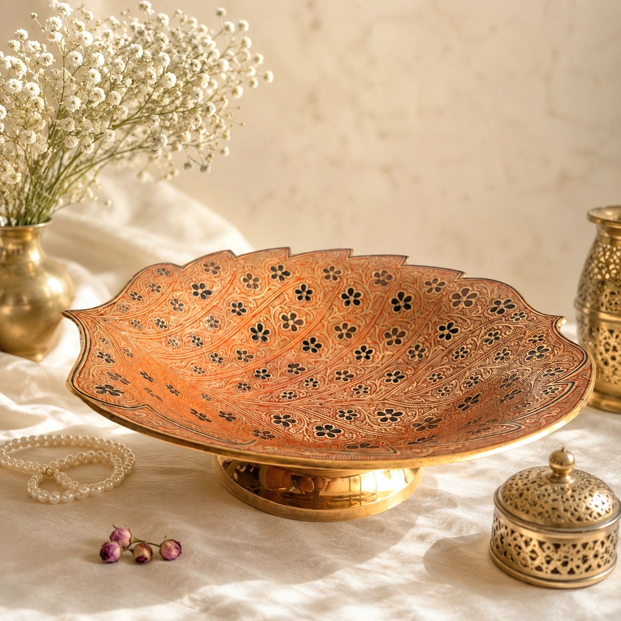 میوه خوری برنجی میناکاری مدل گلبرگ(قرمز گل های مشکی)