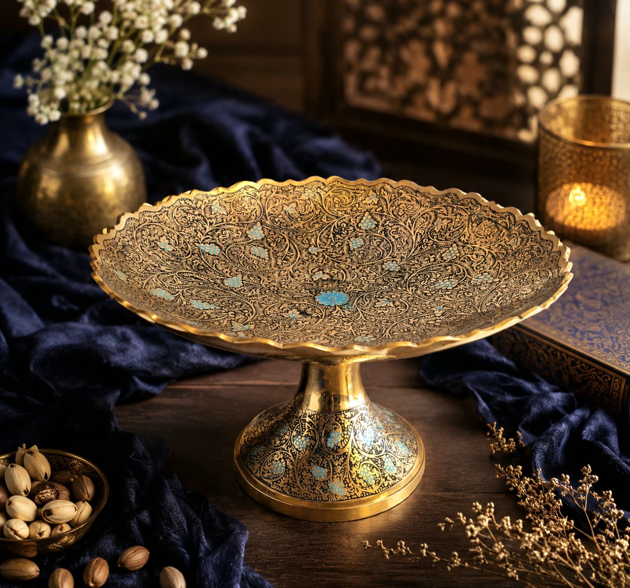 شیرینی خوری برنجی میناکاری پایه دار مدل انگوری