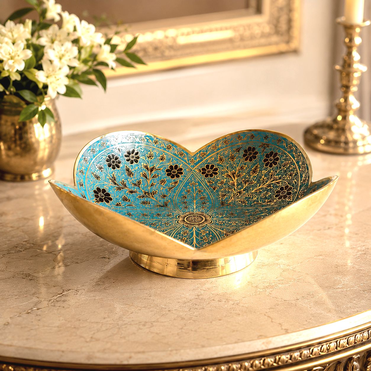 میوه خوری برنجی میناکاری آبی چهارپر