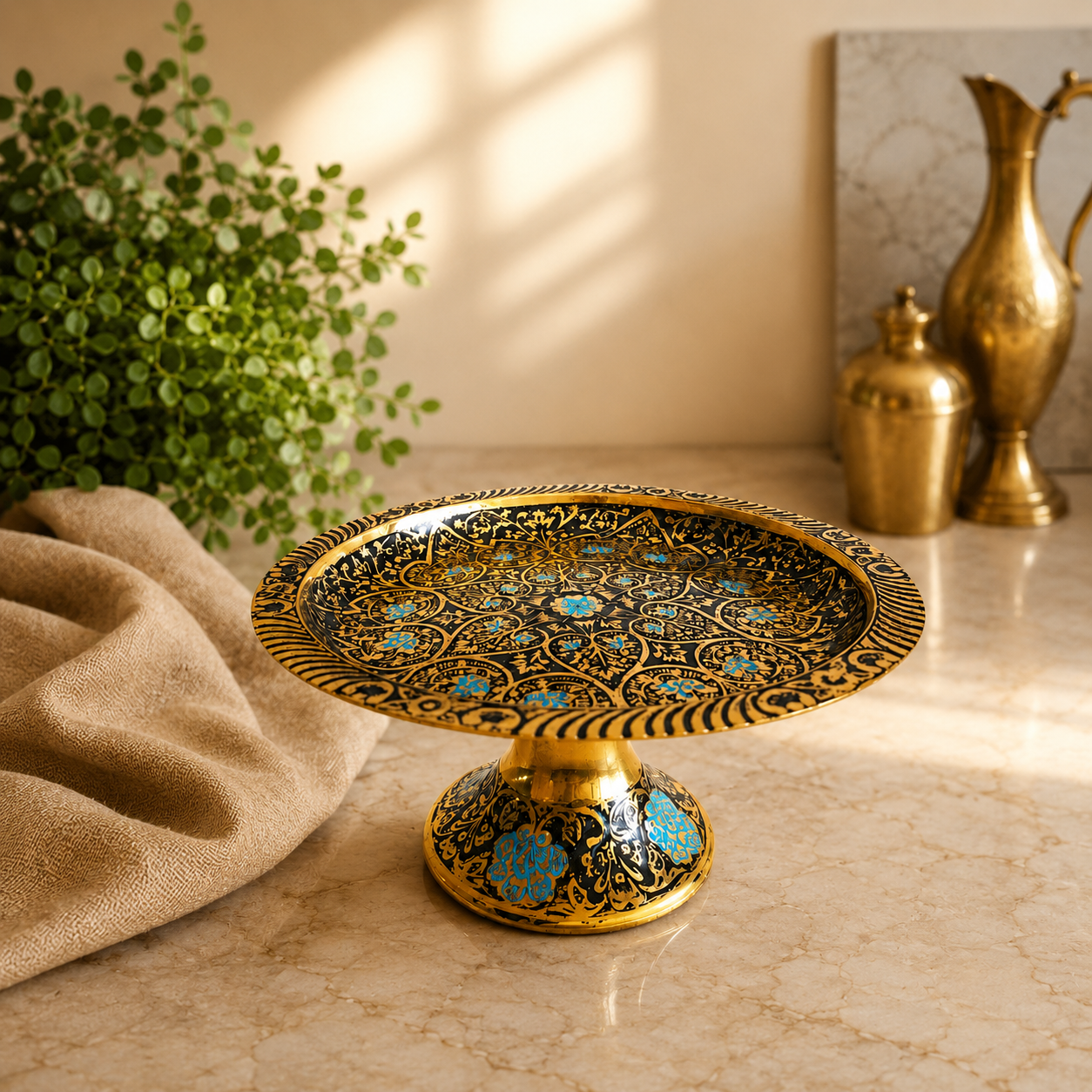 شیرینی خوری/خرما خوری کوچک برنجی میناکاری پایه دار کوچک(مشکی)