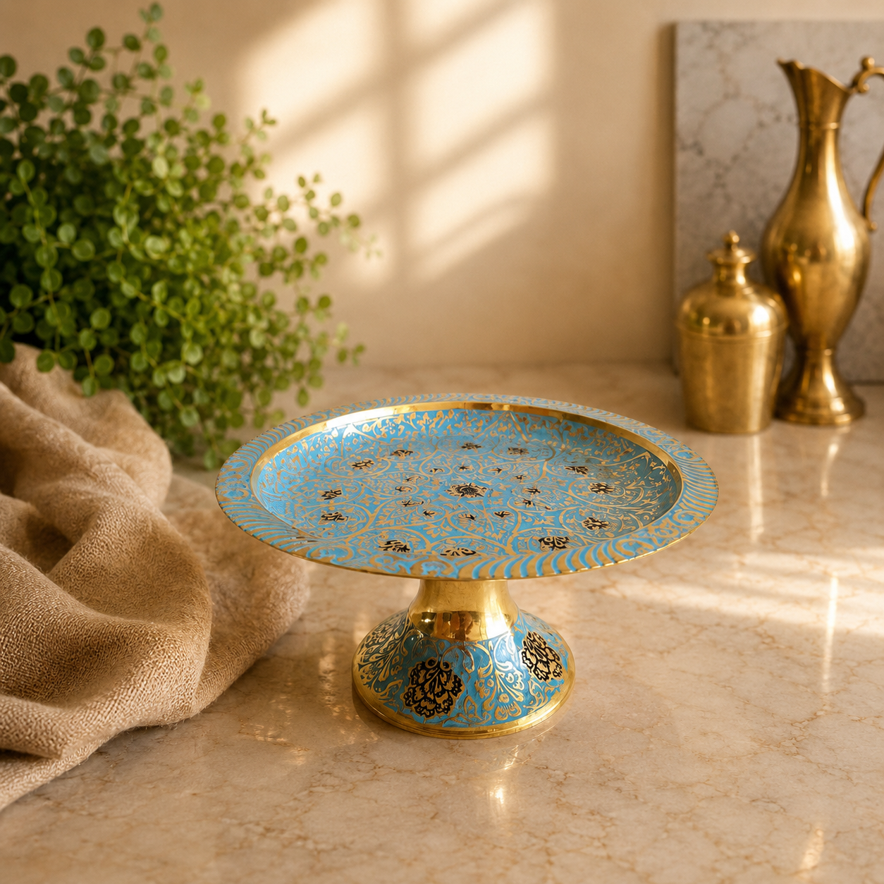 شیرینی خوری/خرما خوری  کوچک برنجی میناکاری پایه دار کوچک(آبی)