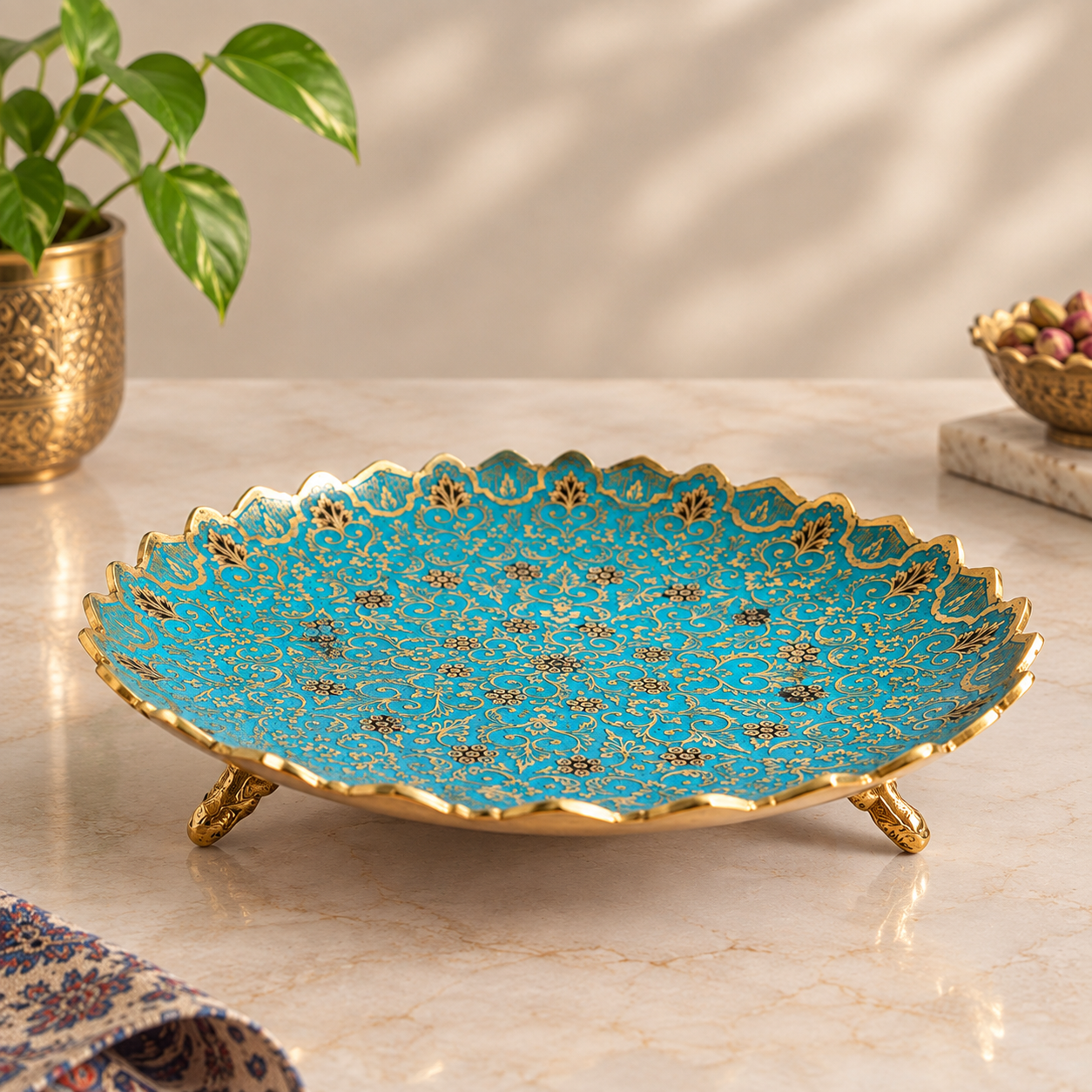 شیرینی خوری برنجی میناکاری سه پایه طرح تاج(آبی)