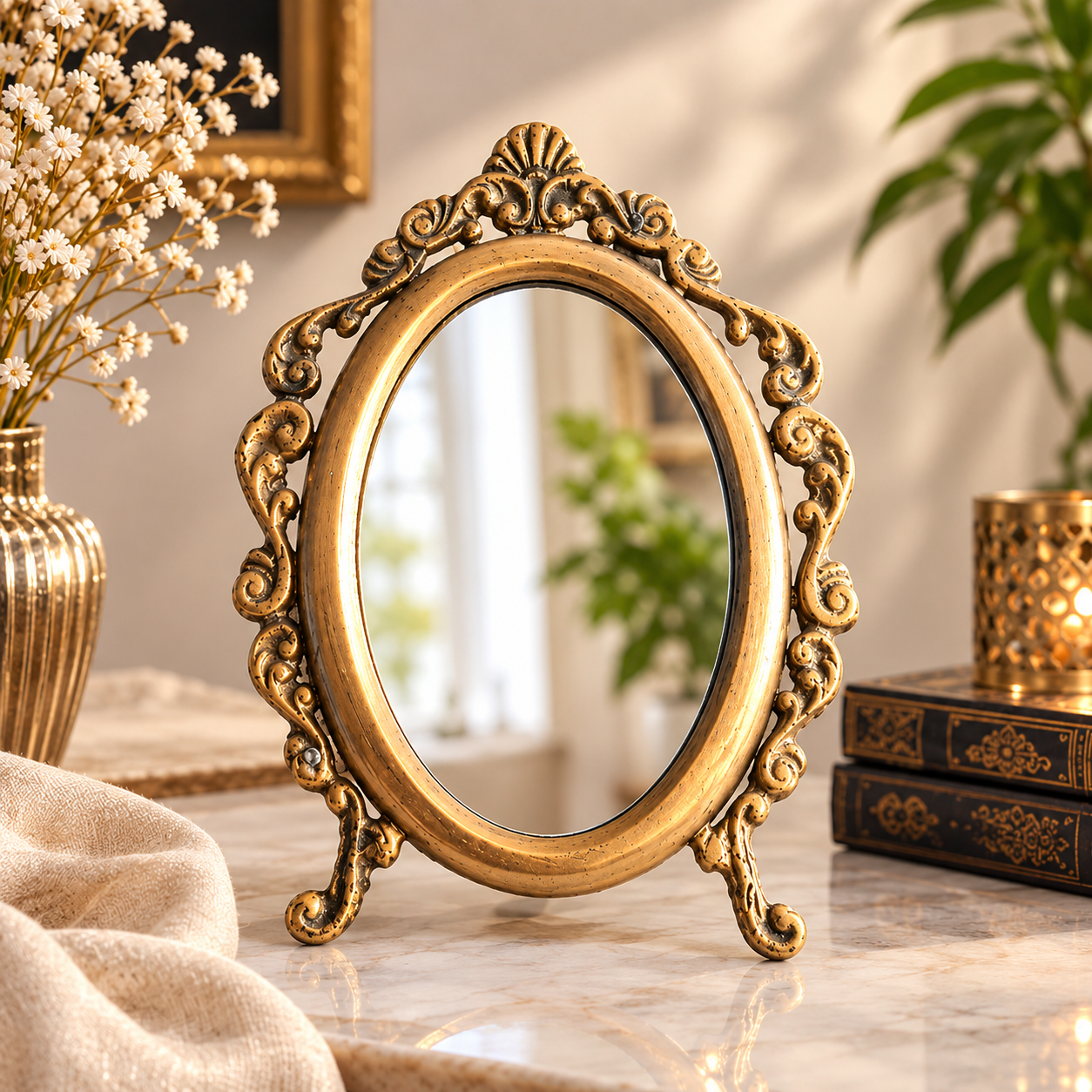آینه برنجی هندی کوچک مدل بیضی